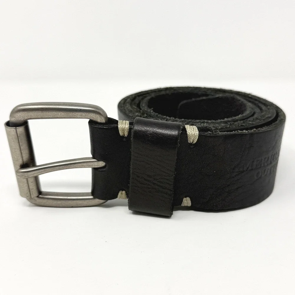 American Eagle Belt Mens 37 Black Leather Buckle VTG Rugged Eagle‎ Logo Y2K
